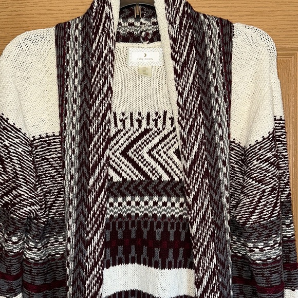 Long open front cardigan burgundy/gray/cream print with tassels - Picture 3 of 4